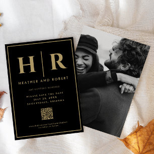 Save The Date Mariage Monogram Black Gold Simple Modern QR Code