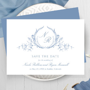 Save The Date Mariage Monogramme Bleu Dusty Classique, Élégant