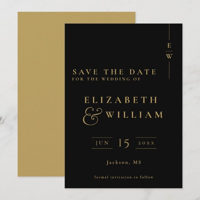 Save The Date Mariage Monogramme Élégant Noir Et Or (Devant / Derrière)