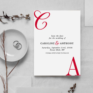 Save The Date Mariage Monogramme Minimaliste Codé Cerise Moderne