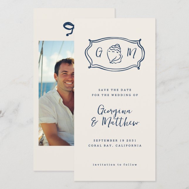 Save The Date Mariage Monogramme Nautique Funky Dessiné À La Mai (Devant / Derrière)