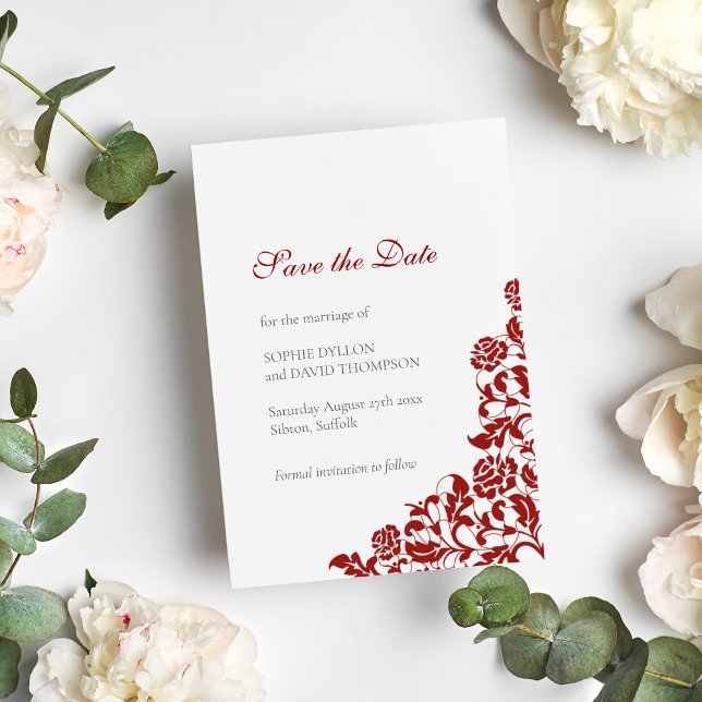 Save The Date Mariage Motif de dentelle rouge de Crimson classiq (Créateur téléchargé)