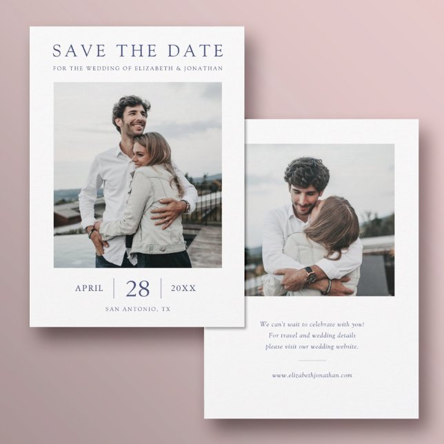 Save The Date Mariage multiphoto Simply Chic Blue Text (Créateur téléchargé)