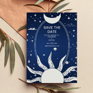 Save The Date Mariage Mystique Bleu et Argent Soleil Lune