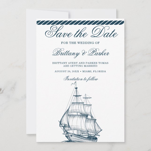 Save The Date Mariage nautique moderne blanc et bleu (Devant)