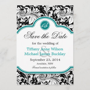 Save The Date Mariage noir blanc damassé turquoise, sauf la date
