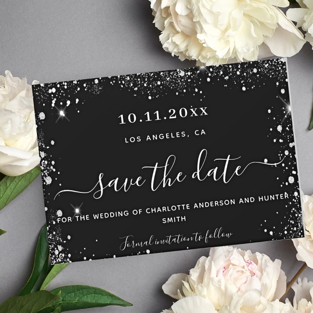 Save The Date Mariage noir paillettes argent élégant (Créateur téléchargé)