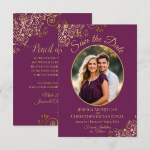 Save The Date Mariage ovale élégant photo or et magenta violet