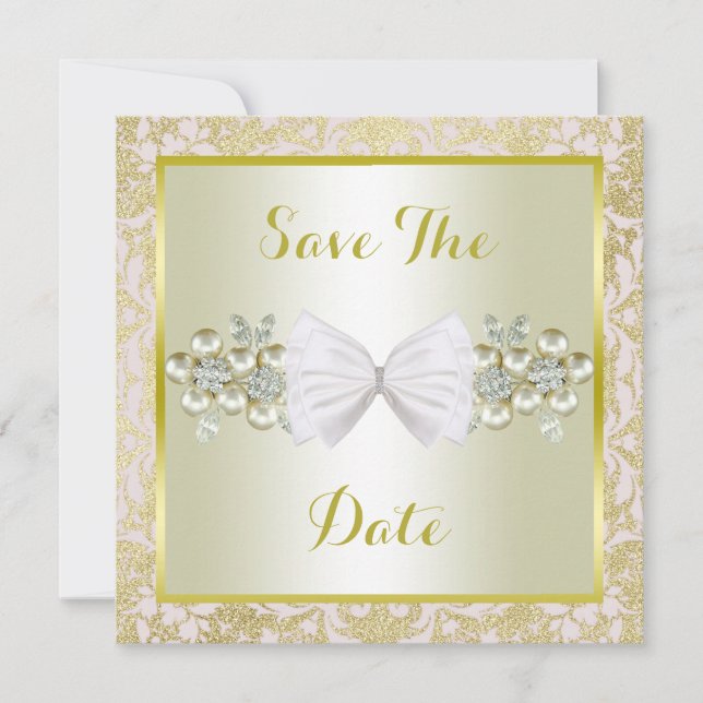 Save The Date Mariage Paillettes Dorées, Gems Floraux Diamantés  (Devant)
