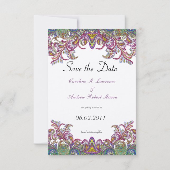 Save The Date Mariage Paon Paisley Rose et Vert (Devant)