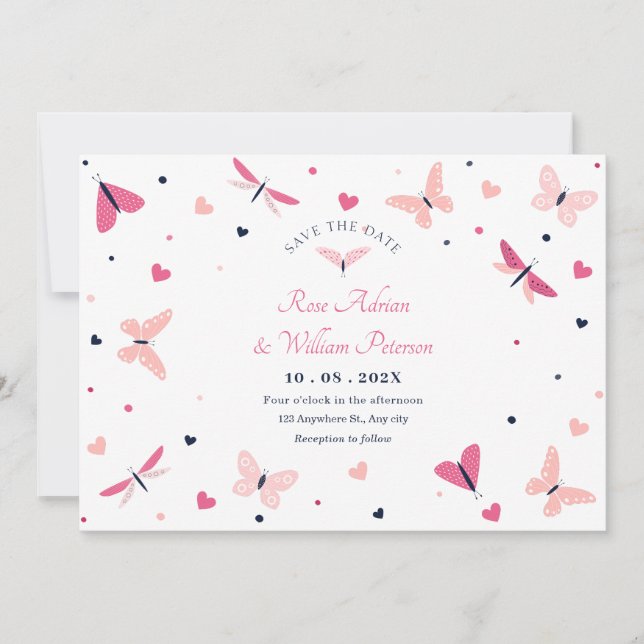Save The Date Mariage papillon cœur rose (Devant)