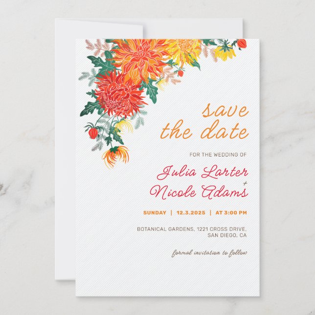 Save The Date Mariage Pastel Orange Yellow Spring Dahlia Fleurs (Devant)