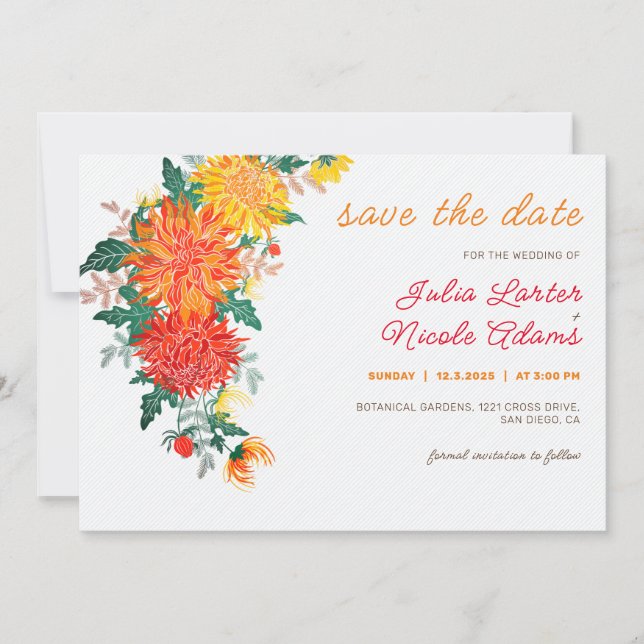 Save The Date Mariage Pastel Orange Yellow Spring Dahlia Fleurs (Devant)