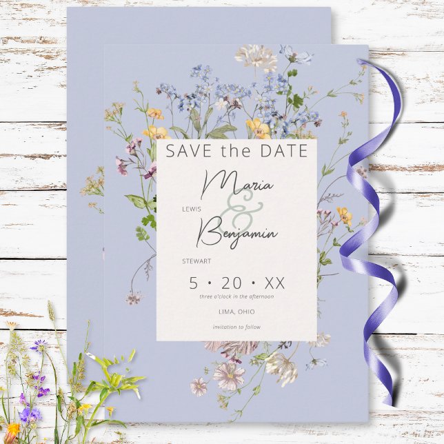 Save The Date Mariage périphérique Boho Fleurs sauvages Delicate (Delicate Boho Wildflowers Periwinkle Wedding Save The Date)