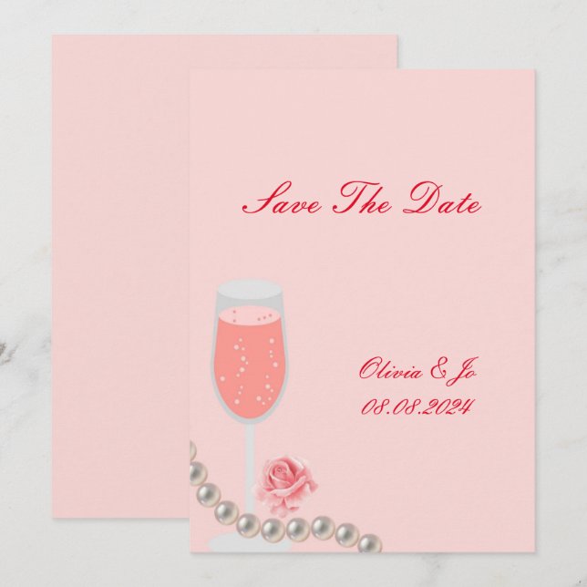 Save The Date mariage perles roses et prosecco  (Devant / Derrière)
