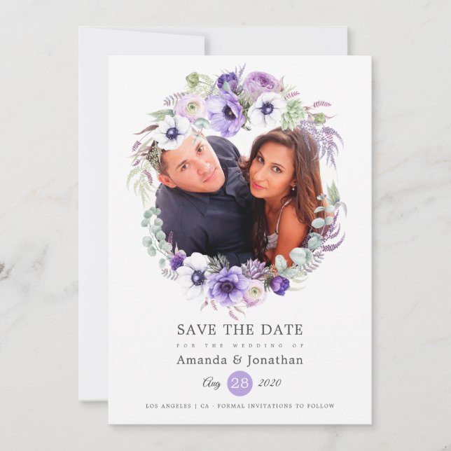 Save The Date Mariage photo à l'aquarelle pastel violet poussiér (Devant)