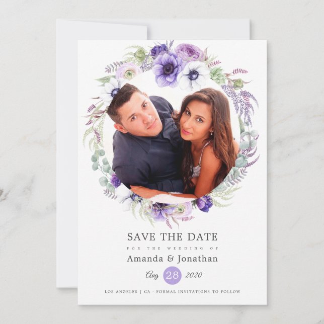 Save The Date Mariage photo à l'aquarelle pastel violet poussiér (Devant)