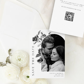 Save The Date Mariage photo Arche en toile florale noire et blan