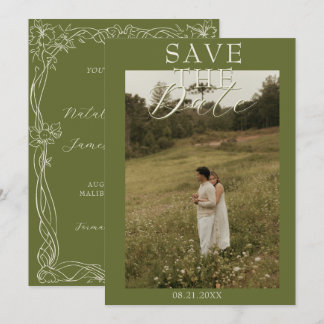 Save The Date Mariage Photo Argent Ancien Vert Olive Romantique