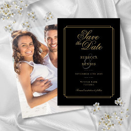 Save The Date Mariage photo Art déco Script noir et or