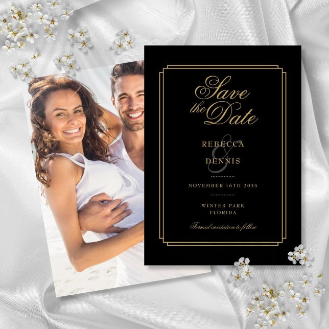 Save The Date Mariage photo Art déco Script noir et or (Tropical Beach Wedding Stationery Collection)