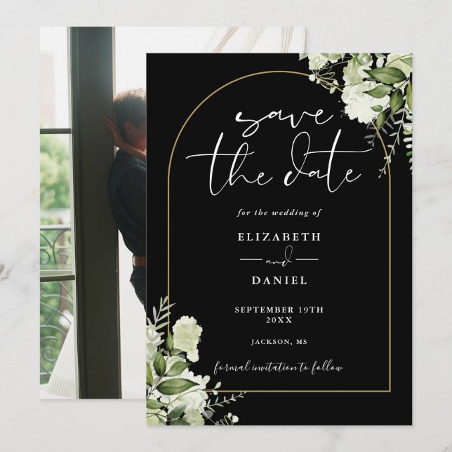 Save The Date Mariage photo Black Greenery Floral Gold Arch (Devant / Derrière)