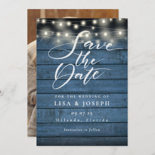 Save The Date Mariage photo Blue Rustic Wood String