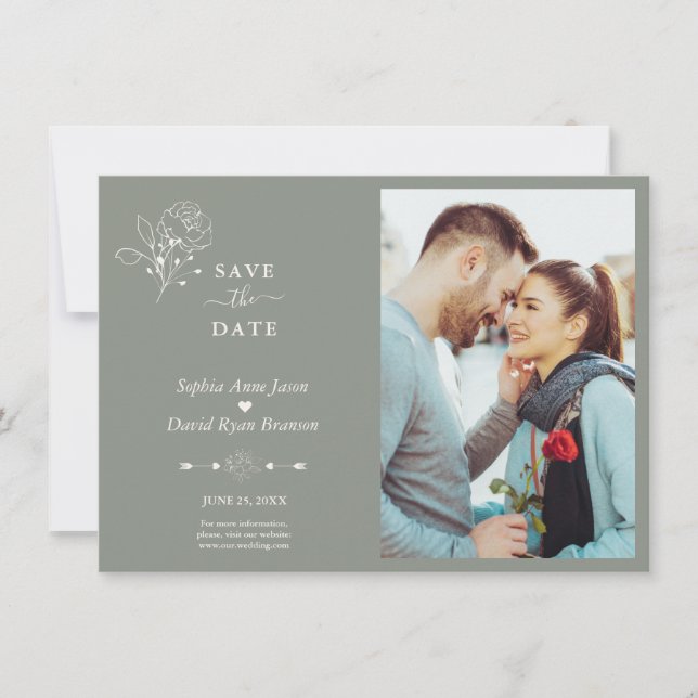 Save The Date Mariage photo Boho Minimaliste Simple Sage Vert (Devant)