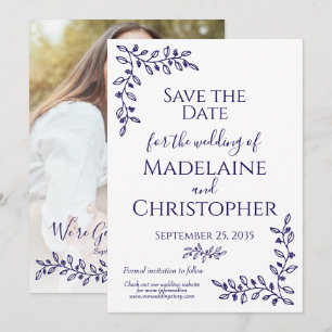 Save The Date Mariage photo Boho Navy Blue Botanical moderne