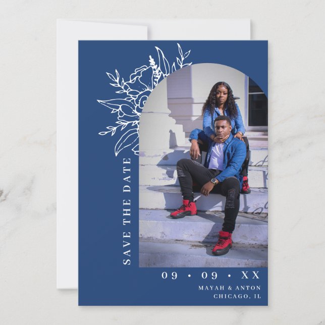 Save The Date Mariage photo Bold Blue Botanal Floral Arch (Devant)