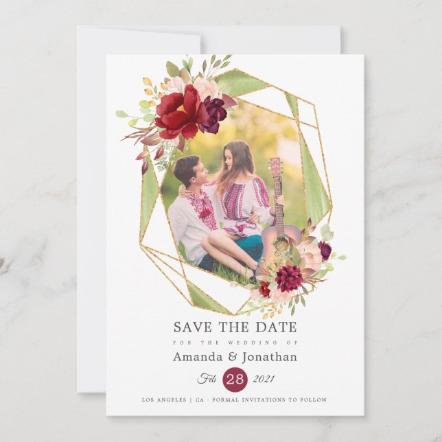 Save The Date Mariage photo bordeaux-Marsala et rose (Devant)