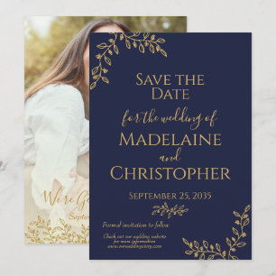 Save The Date Mariage photo botanique moderne Boho Navy Blue Gol