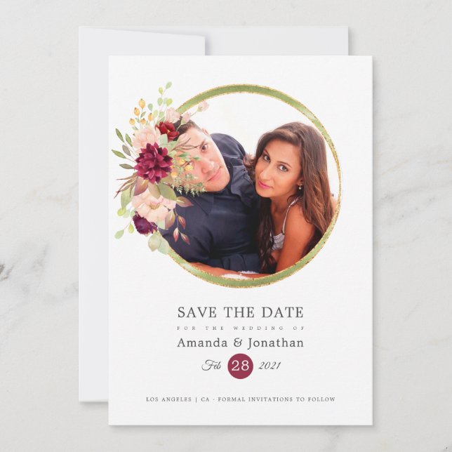 Save The Date Mariage photo Burgundy-Marsalla et rose (Devant)