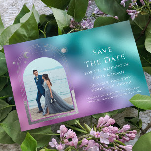 Save The Date Mariage Photo Céleste Turquoise Violet Argent