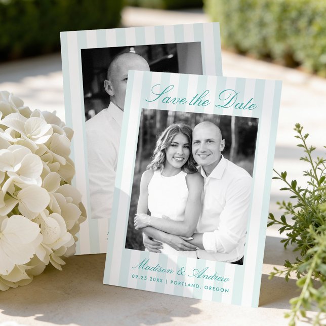 Save The Date Mariage Photo Classic Aqua Rayures (Créateur téléchargé)
