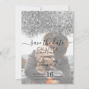 Save The Date Mariage Photo Confettis Paillettes Violet Argenté