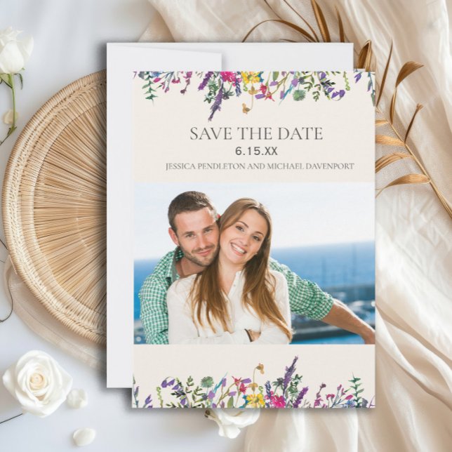 Save The Date Mariage Photo de Date de Sauvegarde Aquarelle Fleu (Watercolor wildflowers wedding Save the Date photo card)