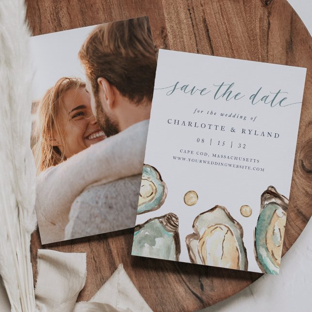 Save The Date Mariage photo de l'huître d'aquarelle côtière (Créateur téléchargé)