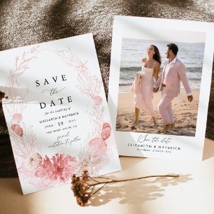 Save The Date Mariage Photo de Plage Rose Tendre et Coquillages