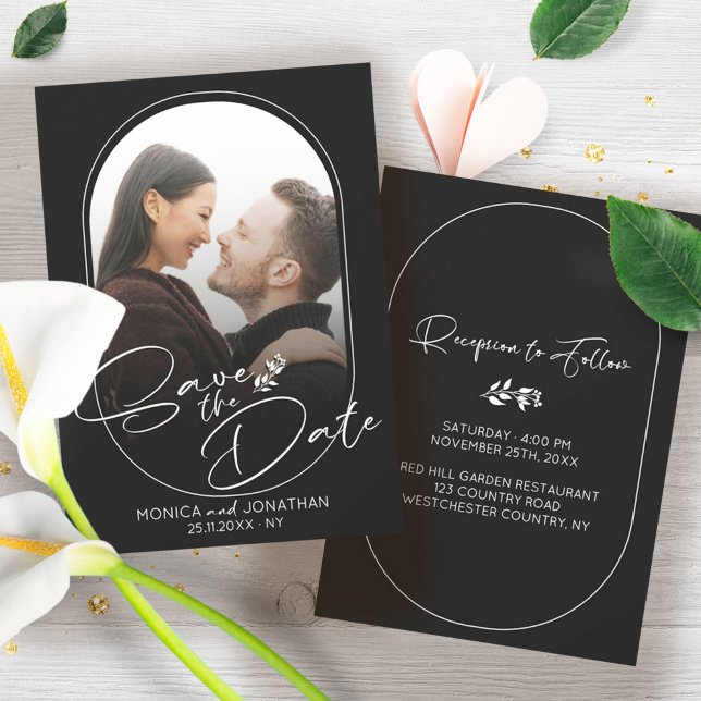 Save The Date Mariage photo de script noir et blanc moderne (Modern Minimalist One Photo Wedding Save The Date Black and White)