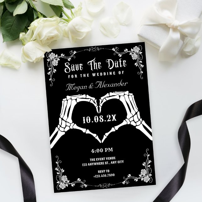 Save The Date Mariage photo de squelette gothique noir et blanc  (Créateur téléchargé)