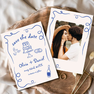 Save The Date Mariage Photo Dessiné à la Main Bleu Marine Fantai