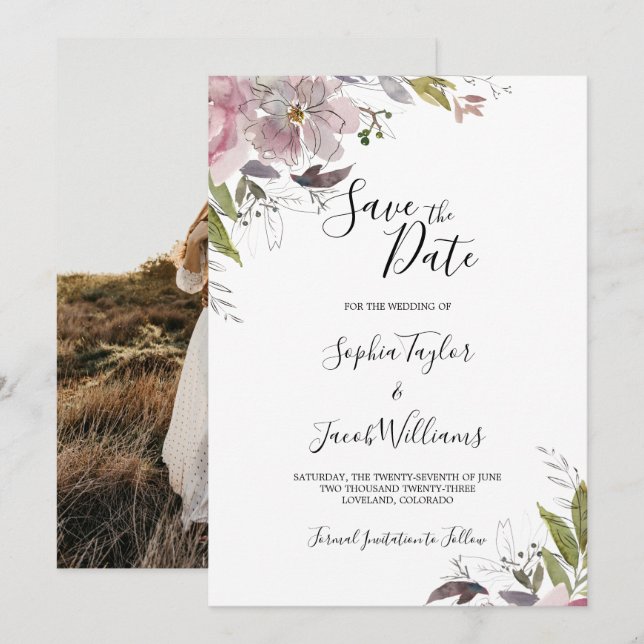 Save The Date Mariage photo Dusty Rose Mauve Floral Greenery (Devant / Derrière)
