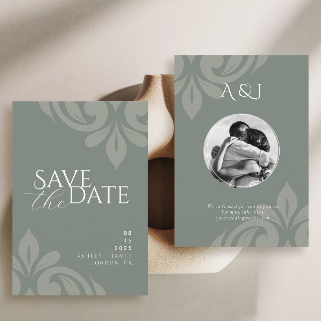 Save The Date Mariage photo Earthy Olive Script Damask (Créateur téléchargé)