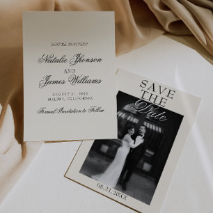 Save The Date Mariage Photo Élégant Crème Noir Argent Vieux