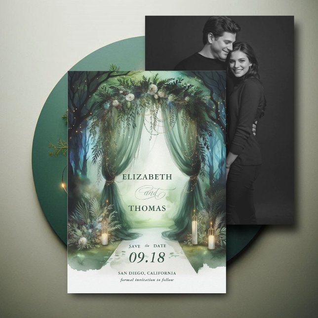 Save The Date Mariage photo Enchanted Forest Dreamy Moody Canopy (enchanted forest woodland wedding save the date arch canopy calligraphy fairy tale magic moody dark)