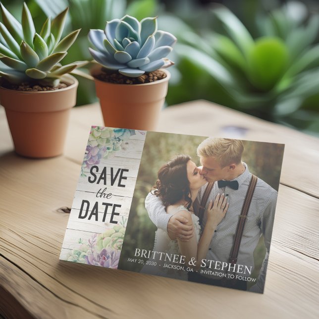 Save The Date Mariage Photo Enregistrer La Date Succulents Bois  (Créateur téléchargé)