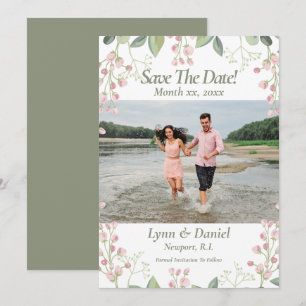 Save The Date Mariage photo Faire-part, vert rose Floral