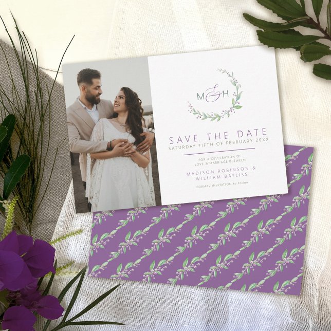 Save The Date Mariage photo feuille vert de baies violettes (Créateur téléchargé)