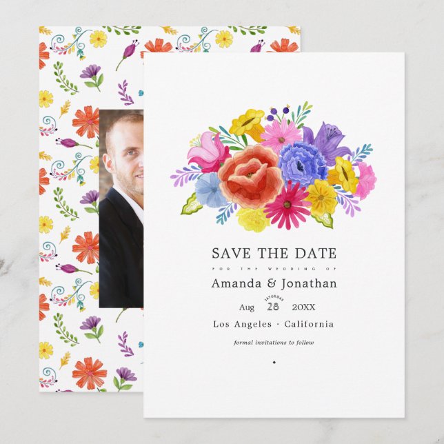 Save The Date Mariage Photo Fiesta Florale Aquarelle (Devant / Derrière)